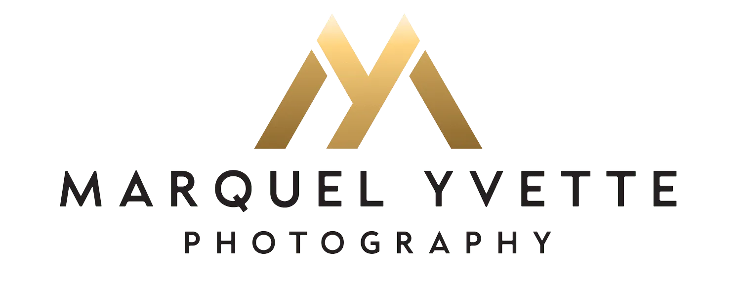 Marquel Yvette Photography logo featuring gold and bronze geometric mountain shape with business name in bold sans-serif type