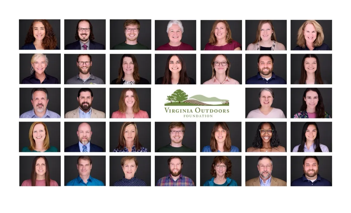Virginia Outdoors Foundation team portrait grid displaying 35 diverse professionals in studio headshots with consistent dark gray backdrop